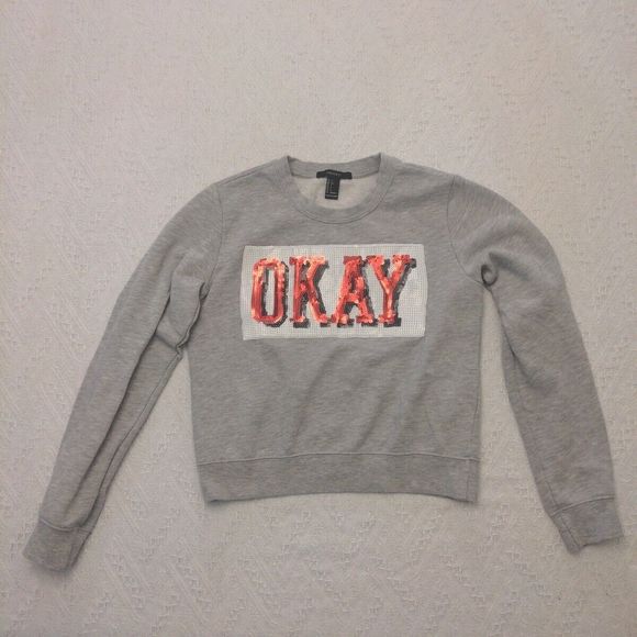 Forever 21 Sequin Grey Sweatshirt OKAY Word Art Graphic S Short Fit - Picture 2 of 6